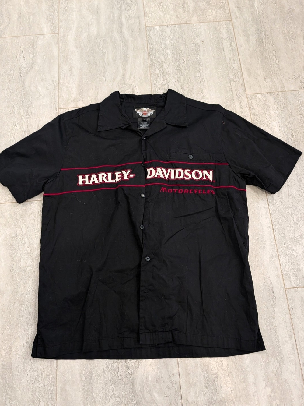Harley Davidson Shirt Mens L 2006 Y2K Black Red Embroidered Biker Rockabilly